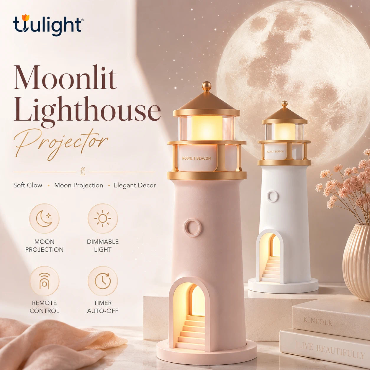 Moonlit Lighthouse Projector - Realistic Moon Projection & Ambient Night Light