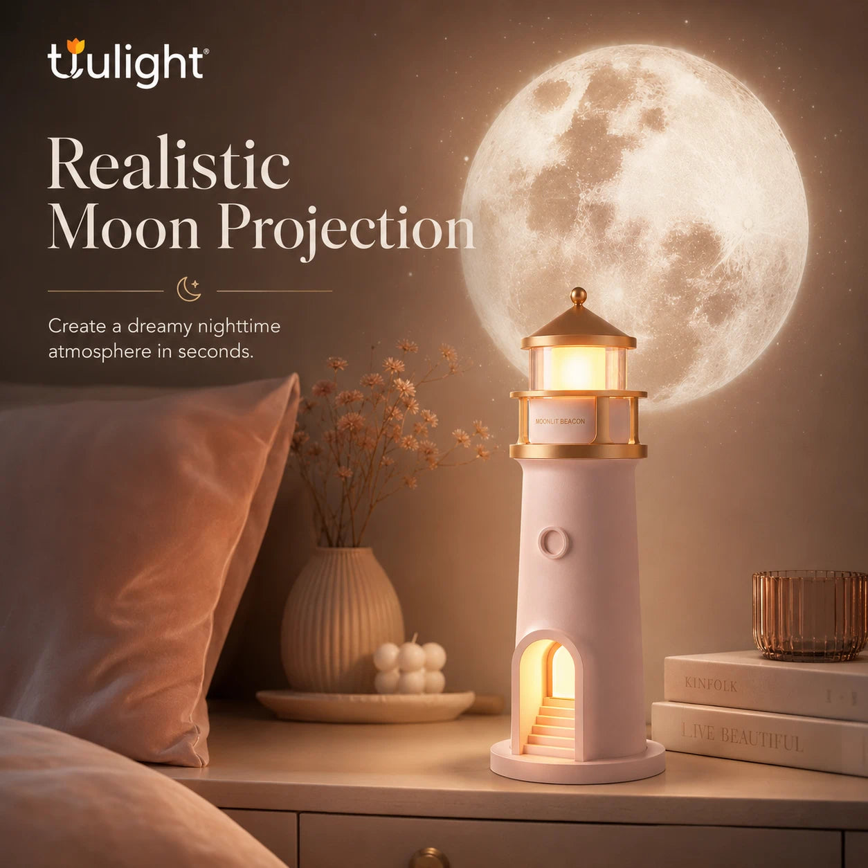 Moonlit Lighthouse Projector - Realistic Moon Projection & Ambient Night Light