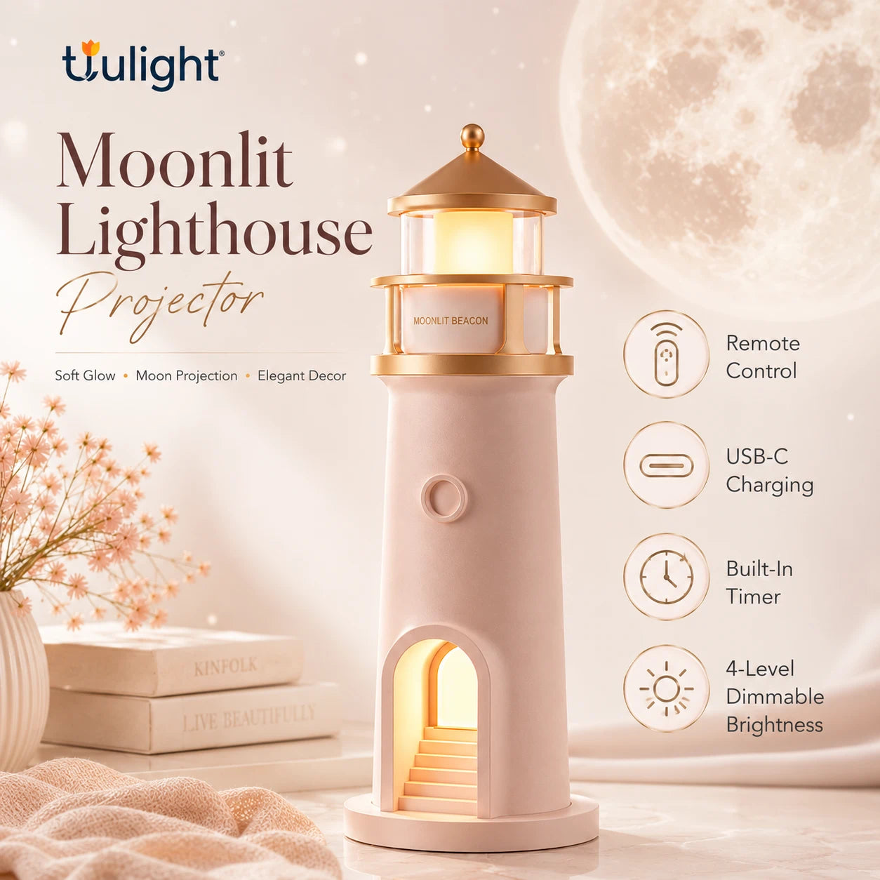 Moonlit Lighthouse Projector - Realistic Moon Projection & Ambient Night Light