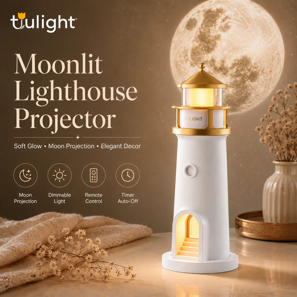 Moonlit Lighthouse Projector - Realistic Moon Projection & Ambient Night Light