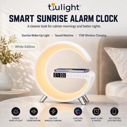 Tulight Smart Sunrise Alarm Clock - 4-in-1 Intelligent Atmosphere Lamp with 15W Fast Wireless Charger, Bluetooth Speaker & App Control for Bedroom Decor
