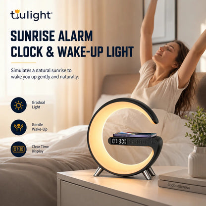 Tulight Smart Sunrise Alarm Clock - 4-in-1 Intelligent Atmosphere Lamp with 15W Fast Wireless Charger, Bluetooth Speaker & App Control for Bedroom Decor
