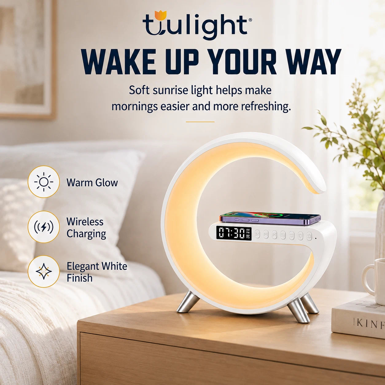 Tulight Smart Sunrise Alarm Clock - 4-in-1 Intelligent Atmosphere Lamp with 15W Fast Wireless Charger, Bluetooth Speaker & App Control for Bedroom Decor