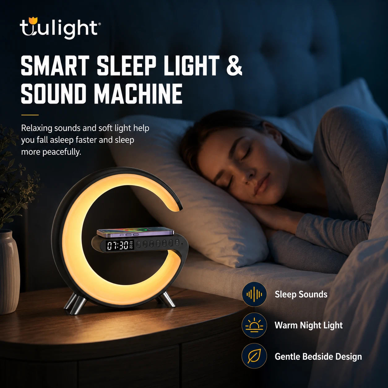 Tulight Smart Sunrise Alarm Clock - 4-in-1 Intelligent Atmosphere Lamp with 15W Fast Wireless Charger, Bluetooth Speaker & App Control for Bedroom Decor