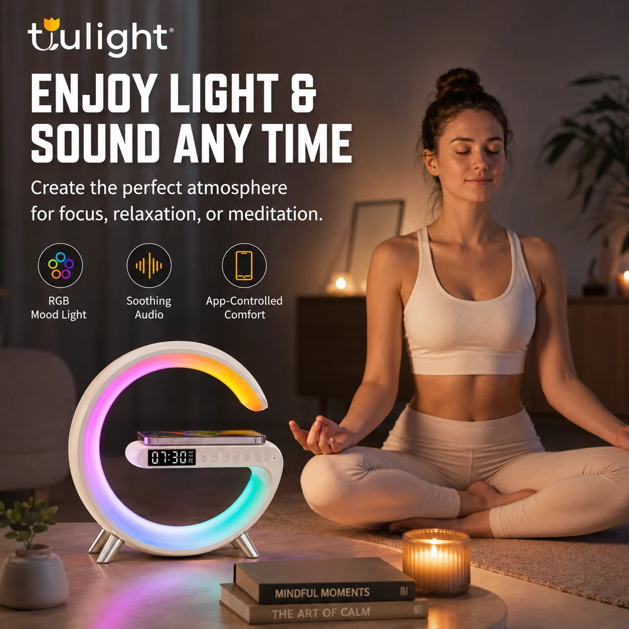Tulight Smart Sunrise Alarm Clock - 4-in-1 Intelligent Atmosphere Lamp with 15W Fast Wireless Charger, Bluetooth Speaker & App Control for Bedroom Decor