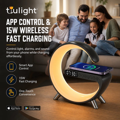 Tulight Smart Sunrise Alarm Clock - 4-in-1 Intelligent Atmosphere Lamp with 15W Fast Wireless Charger, Bluetooth Speaker & App Control for Bedroom Decor