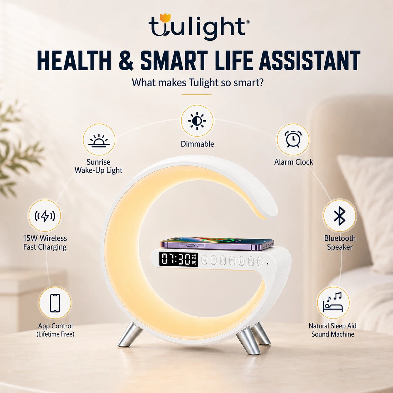 Tulight Smart Sunrise Alarm Clock - 4-in-1 Intelligent Atmosphere Lamp with 15W Fast Wireless Charger, Bluetooth Speaker & App Control for Bedroom Decor