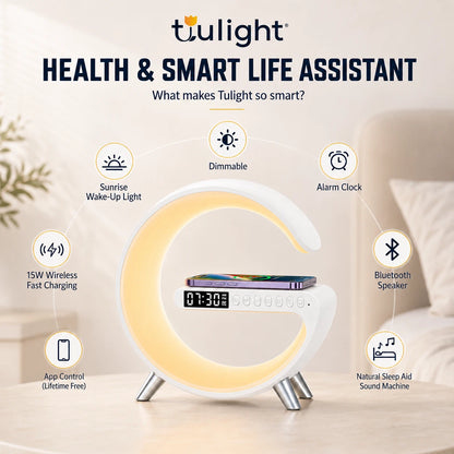 Tulight Smart Sunrise Alarm Clock - 4-in-1 Intelligent Atmosphere Lamp with 15W Fast Wireless Charger, Bluetooth Speaker & App Control for Bedroom Decor