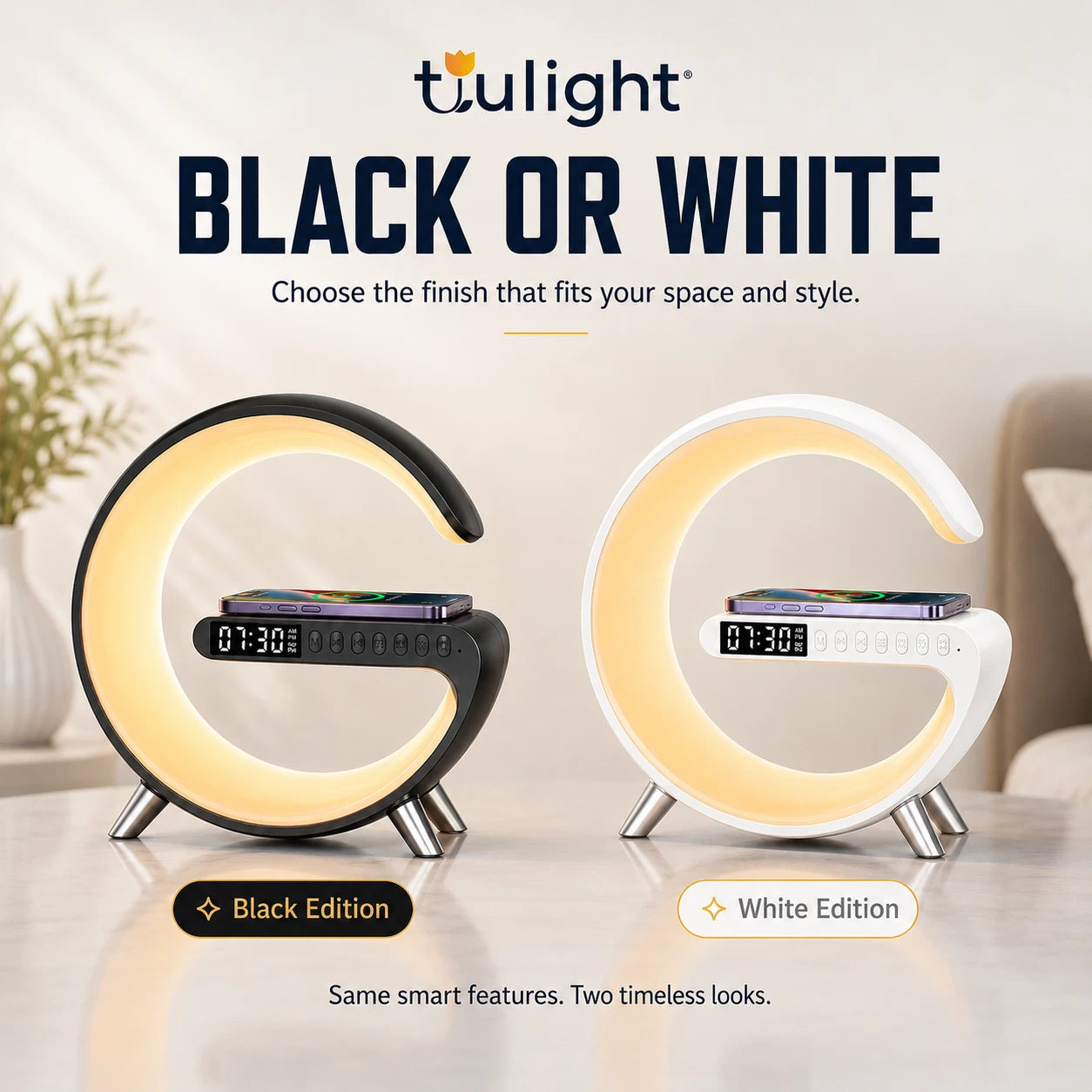 Tulight Smart Sunrise Alarm Clock - 4-in-1 Intelligent Atmosphere Lamp with 15W Fast Wireless Charger, Bluetooth Speaker & App Control for Bedroom Decor